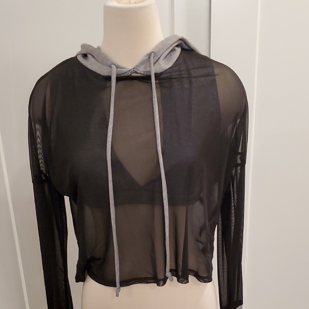 Black Sheer Mesh Hoodie with Gray Drawstring